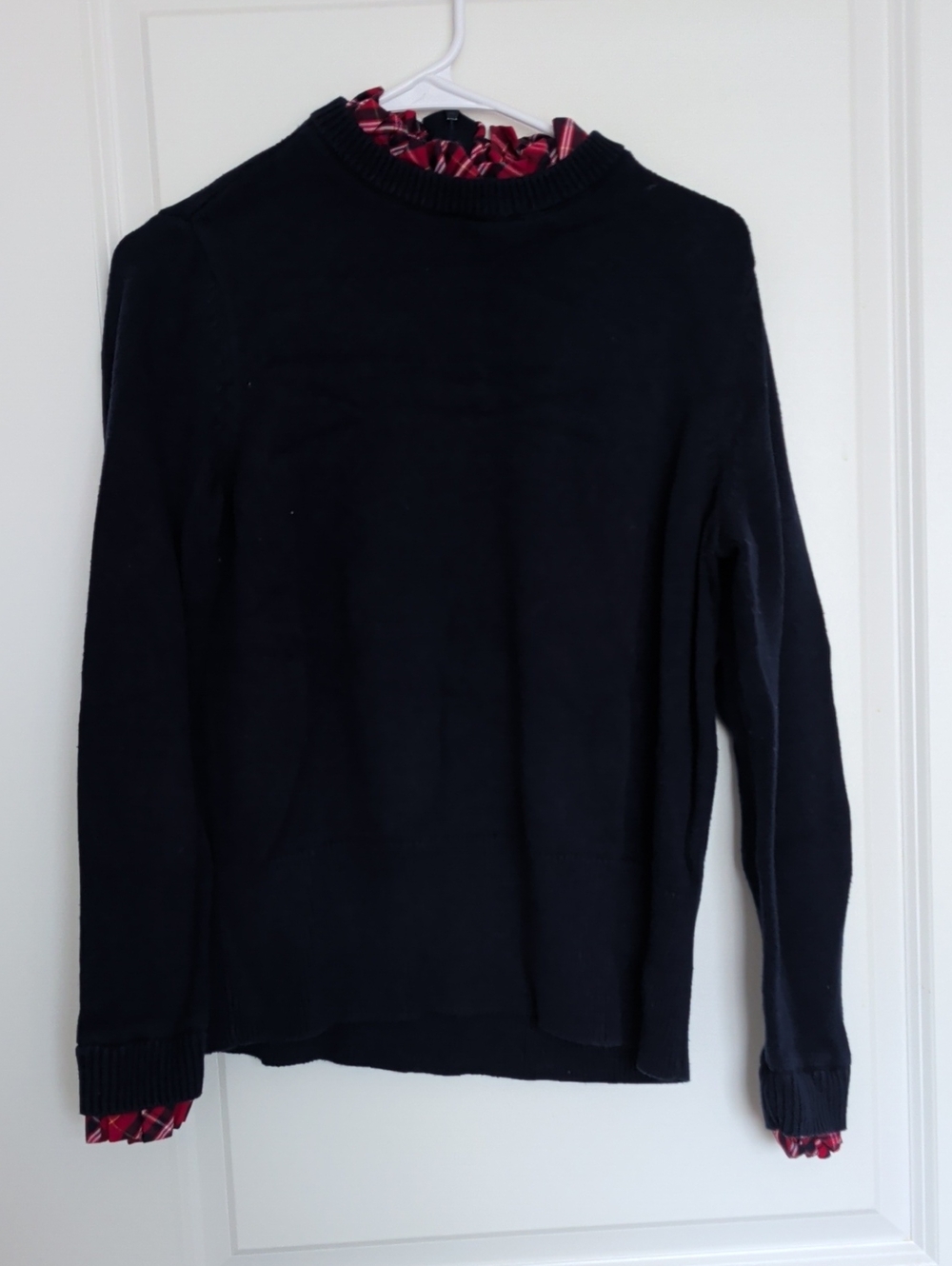 crown & ivy Navy Crewneck Sweater with Red Plaid Trim